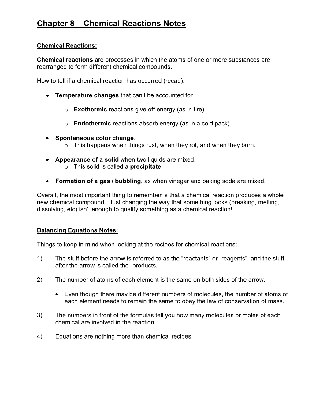 Chapter 10 – Chemical Reactions Notes