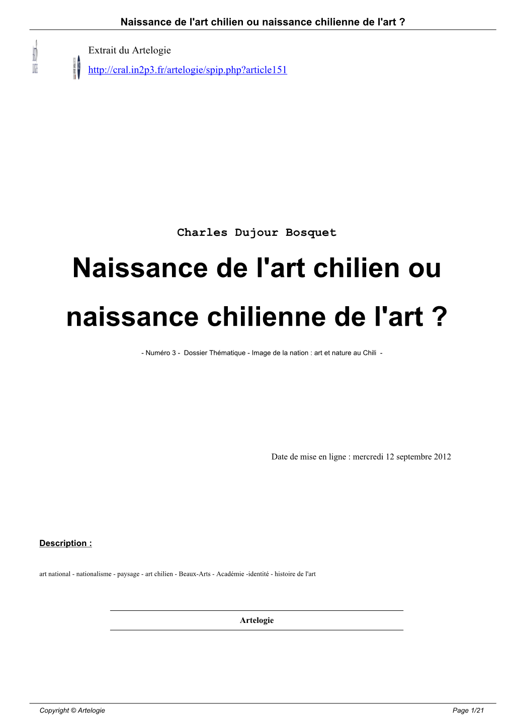 Naissance De L'art Chilien Ou Naissance Chilienne De L'art ?