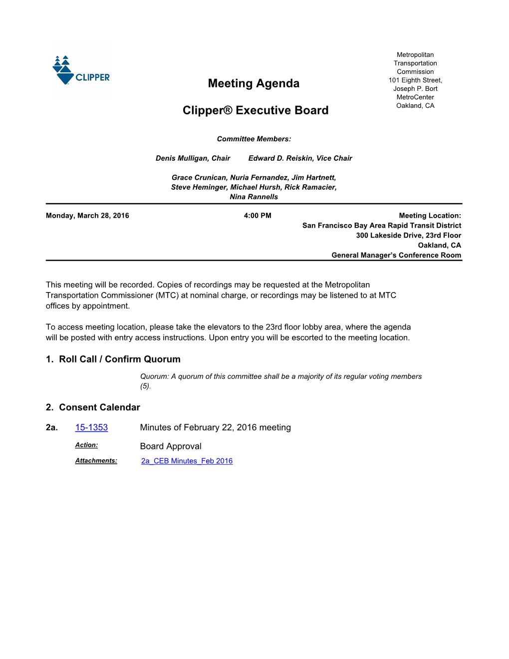 Clipper® Executive Board Meeting Agenda