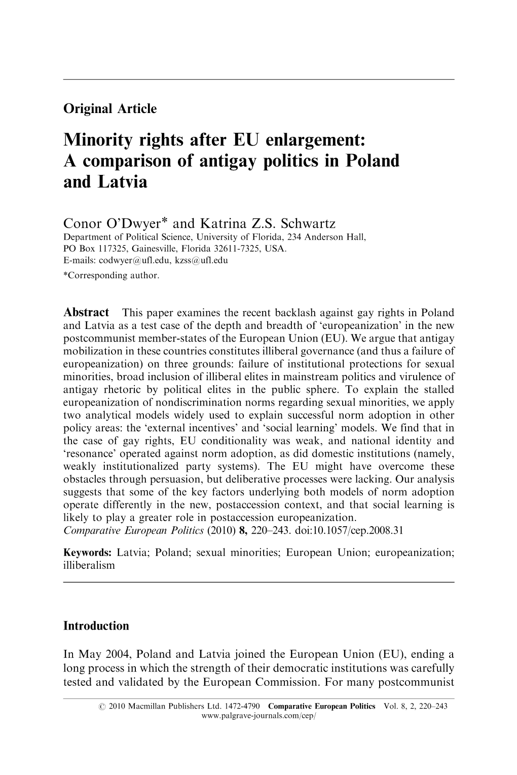 Minority Rights After EU Enlargement: a Comparison of Antigay Politics in Poland and Latvia