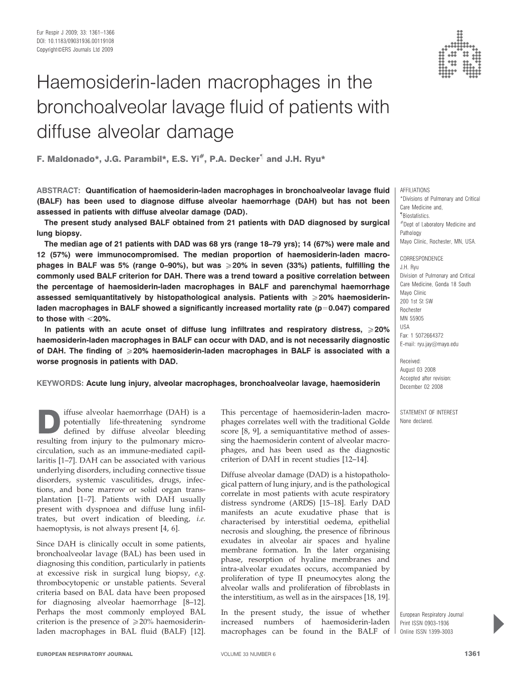 Haemosiderin-Laden Macrophages in the Bronchoalveolar Lavage Fluid of Patients with Diffuse Alveolar Damage