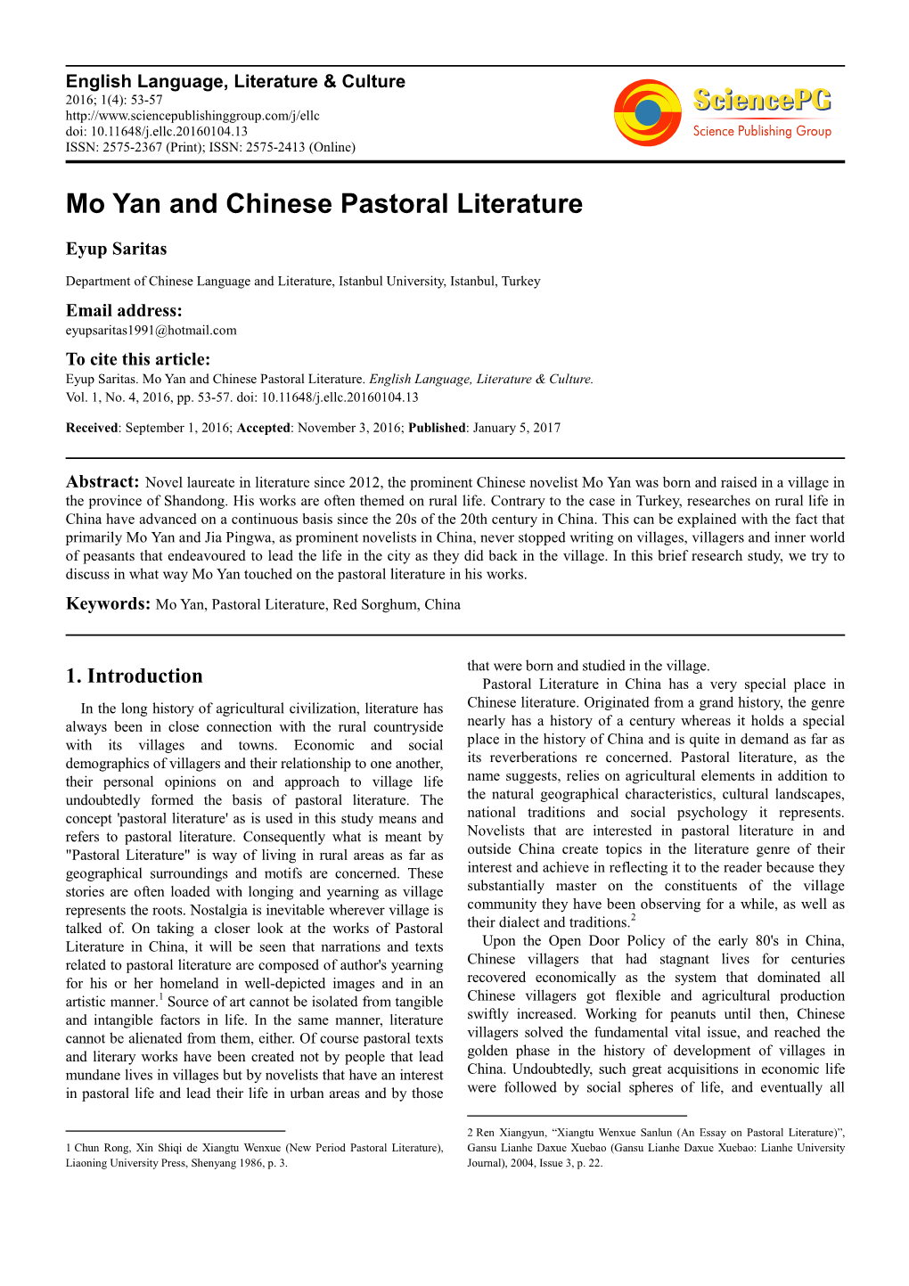 Mo Yan and Chinese Pastoral Literature