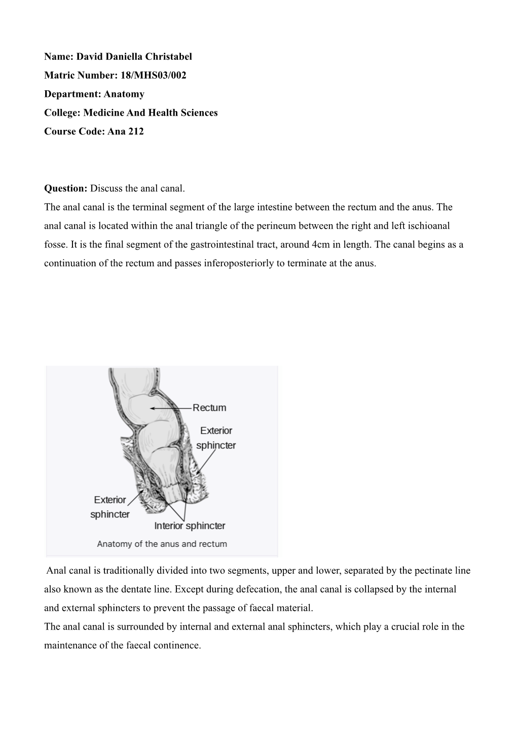 Name: David Daniella Christabel Matric Number: 18/MHS03/002 Department: Anatomy College: Medicine and Health Sciences Course Code: Ana 212