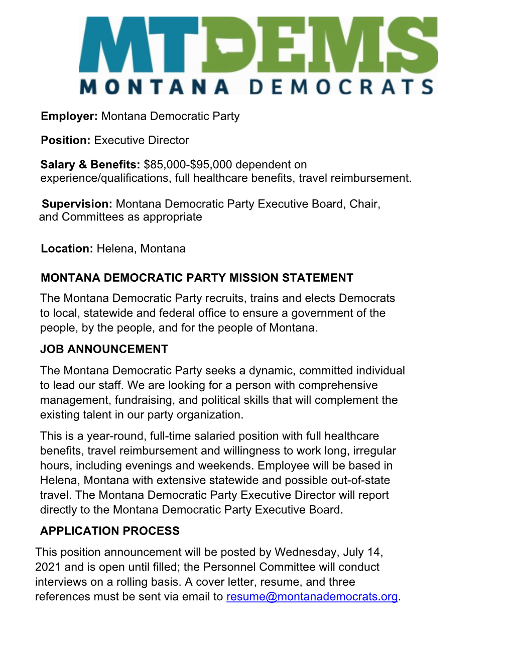 Montana Democratic Party Position: Executive Director Salary & Benefits