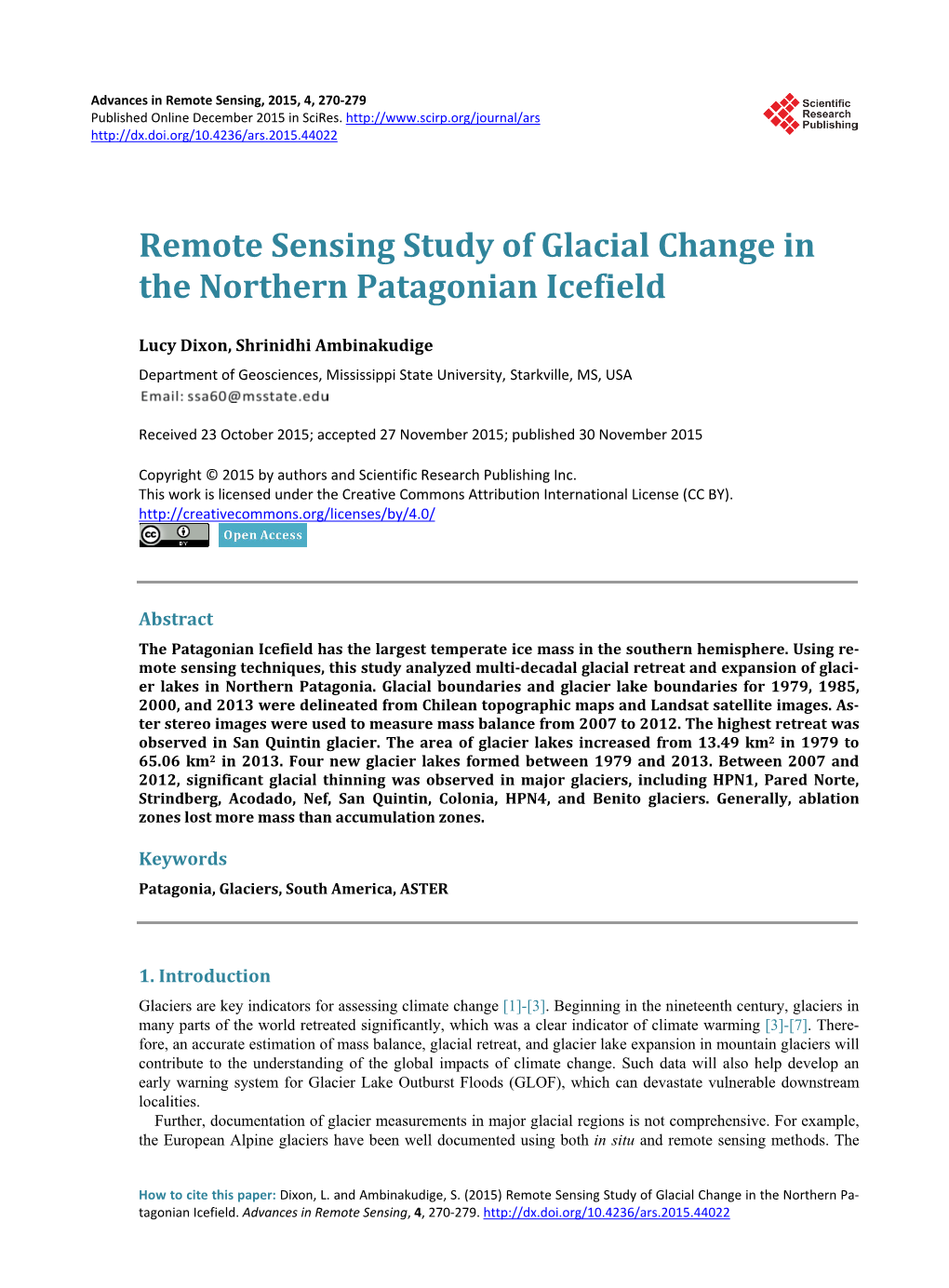 Remote Sensing Study of Glacial Change in the Northern Patagonian Icefield