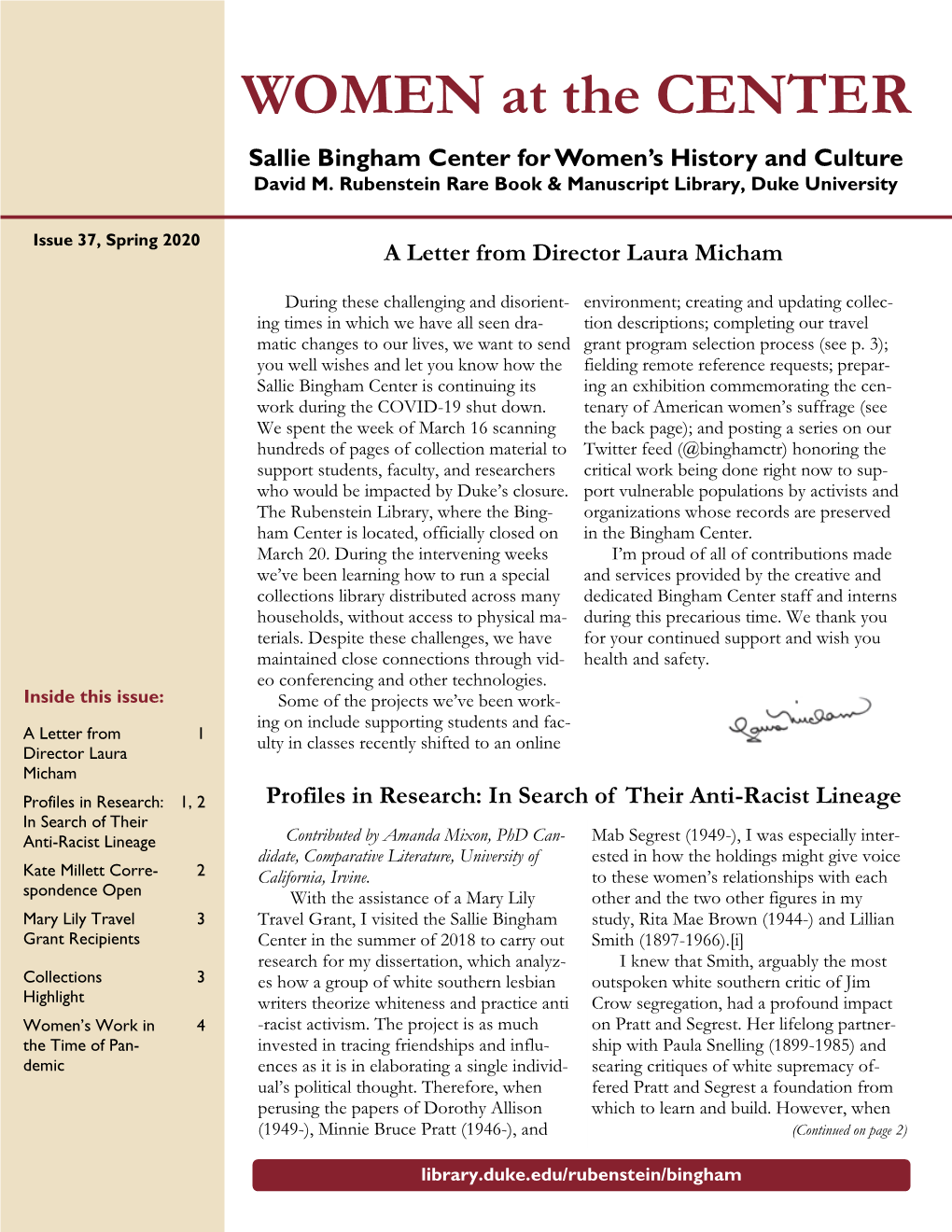 WOMEN at the CENTER Sallie Bingham Center for Women’S History and Culture David M