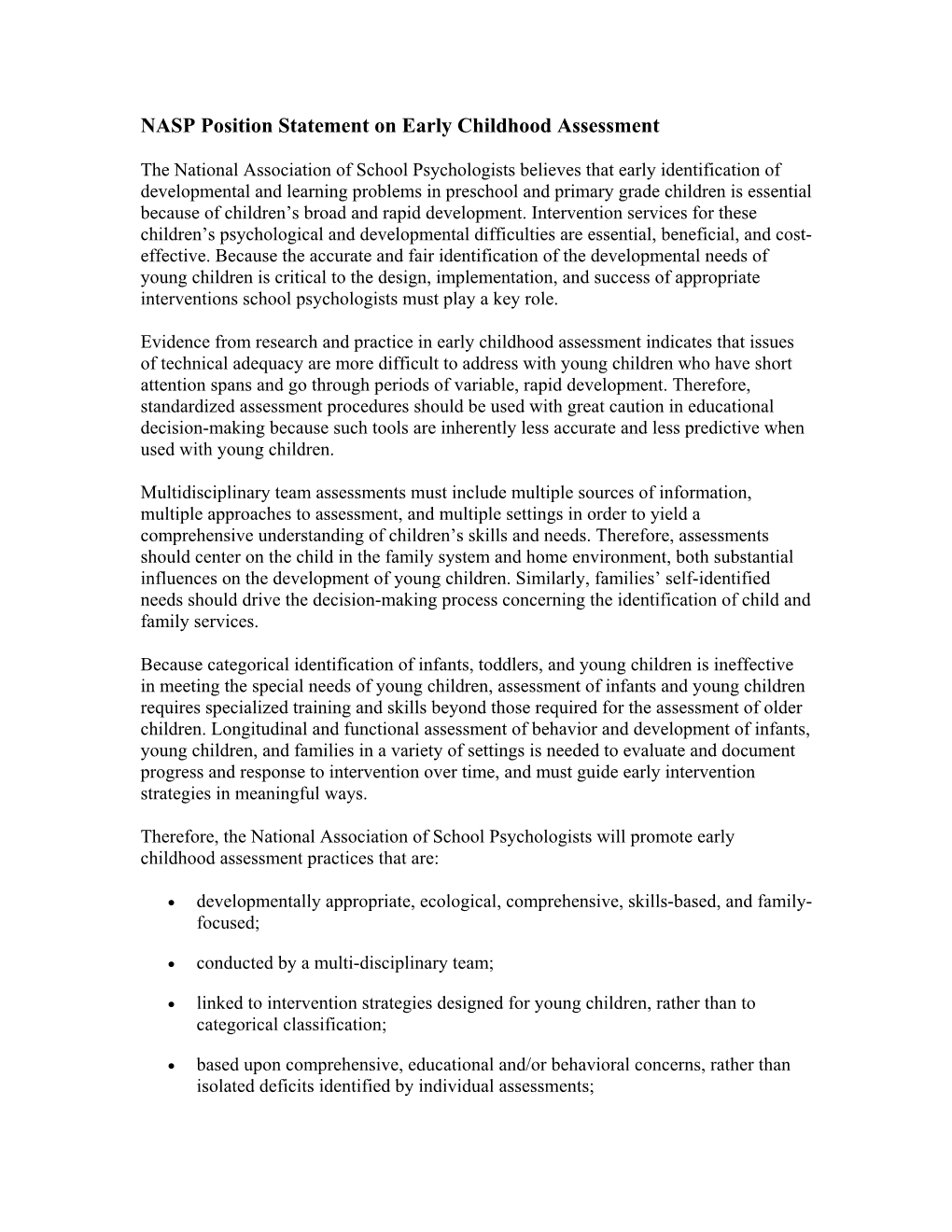 NASP Position Statement on Early Childhood Assessment