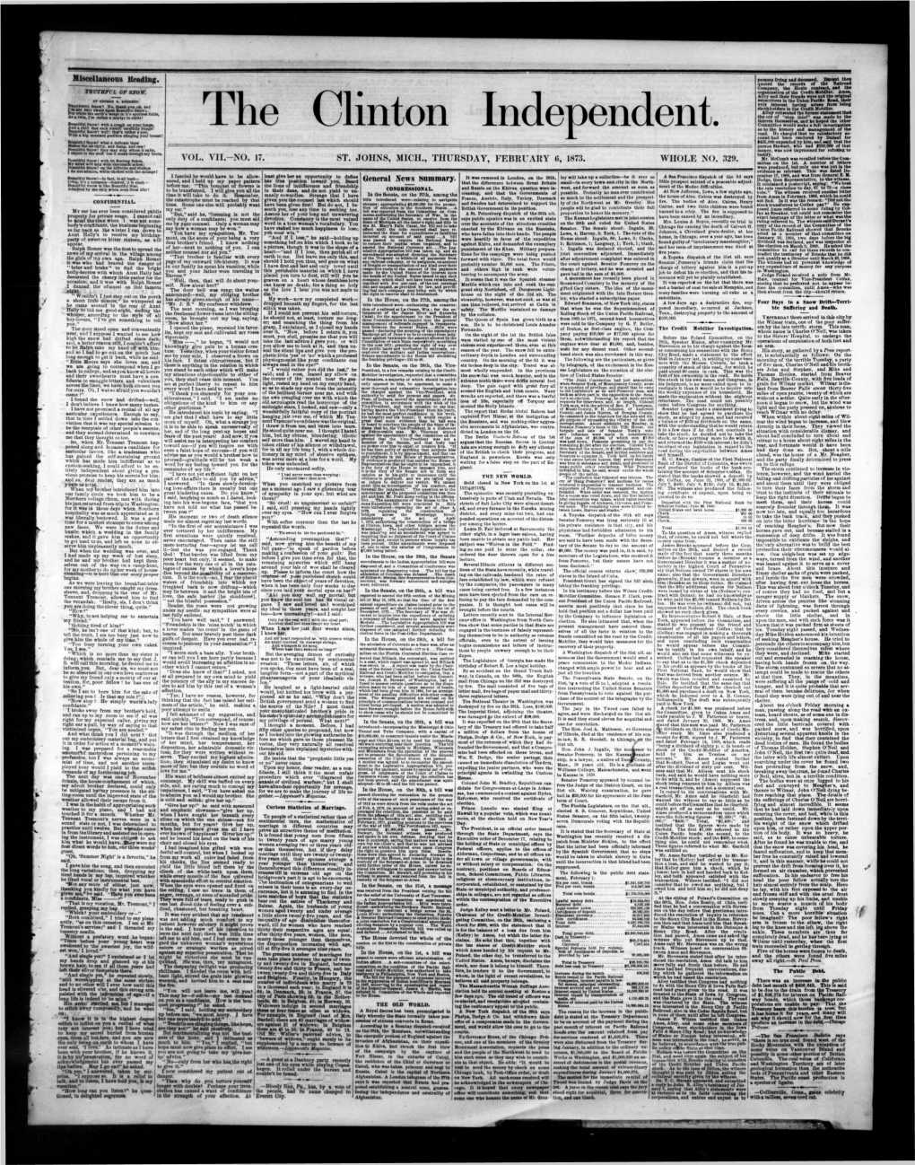 VOL. VII.—NO. 17. ST. JOHNS, MICH., THURSDAY, FEBRUARY (I, 1873