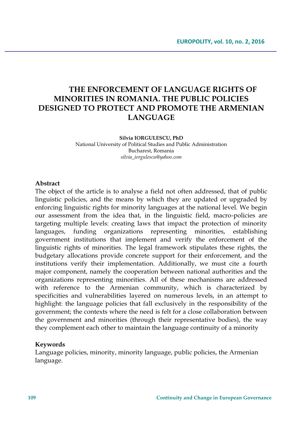 The Enforcement of Language Rights of Minorities in Romania. the Public Policies Designed to Protect and Promote the Armenian Language