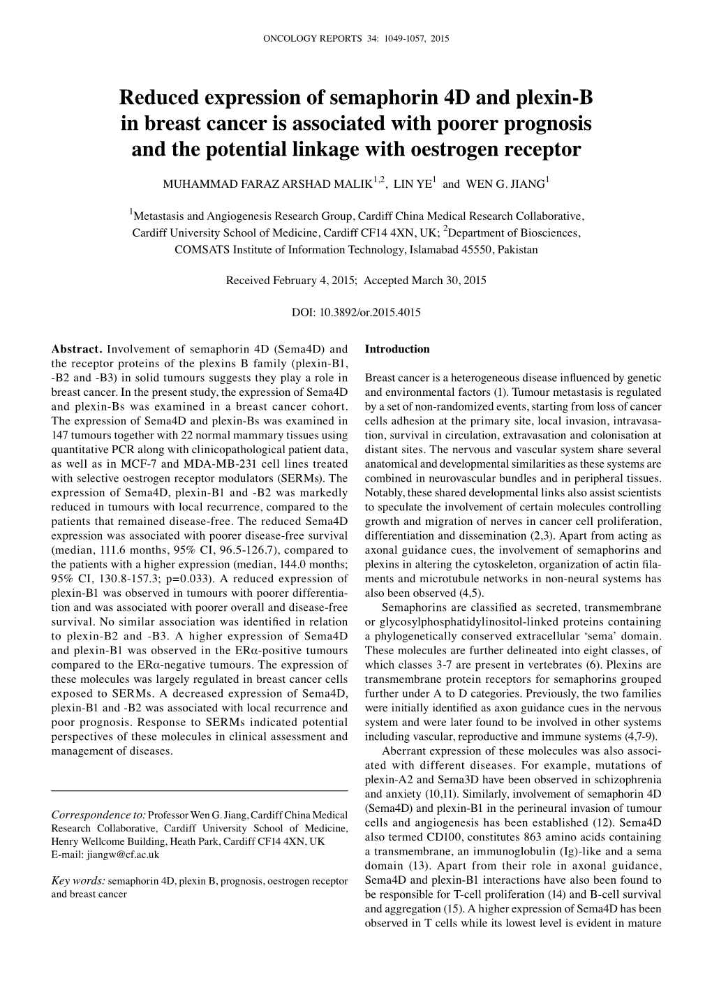 Reduced Expression of Semaphorin 4D and Plexin-B in Breast Cancer Is Associated with Poorer Prognosis and the Potential Linkage with Oestrogen Receptor