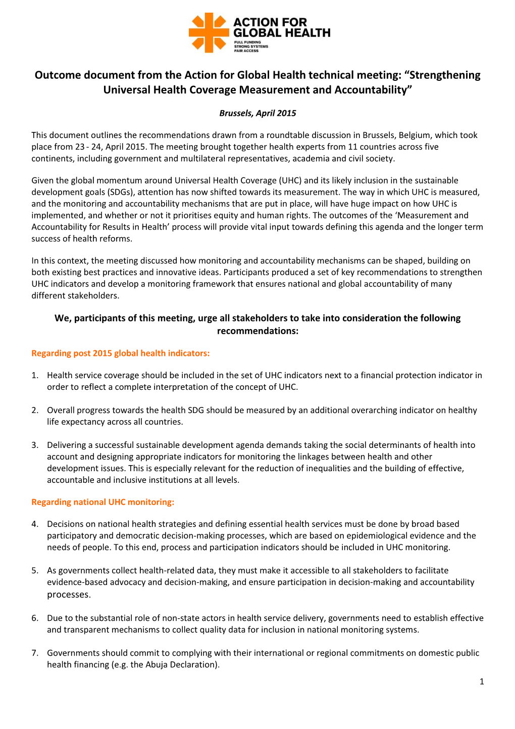 Outcome Document from the Action for Global Health Technical Meeting: “Strengthening Universal Health Coverage Measurement and Accountability”