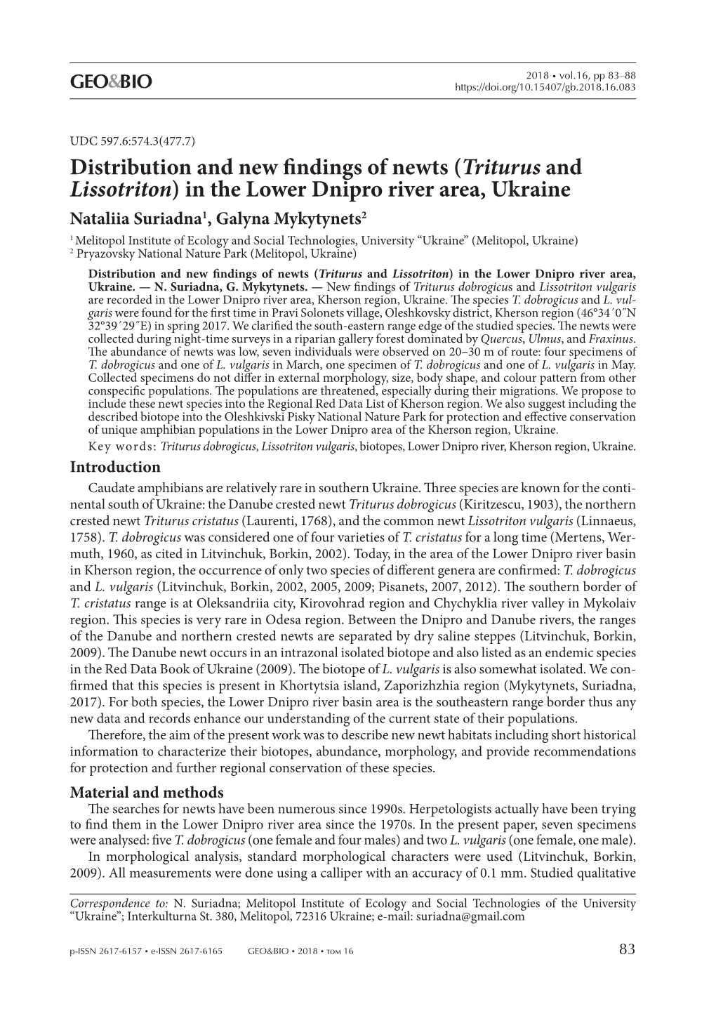 Distribution and New Findings of Newts (Triturus and Lissotriton) In