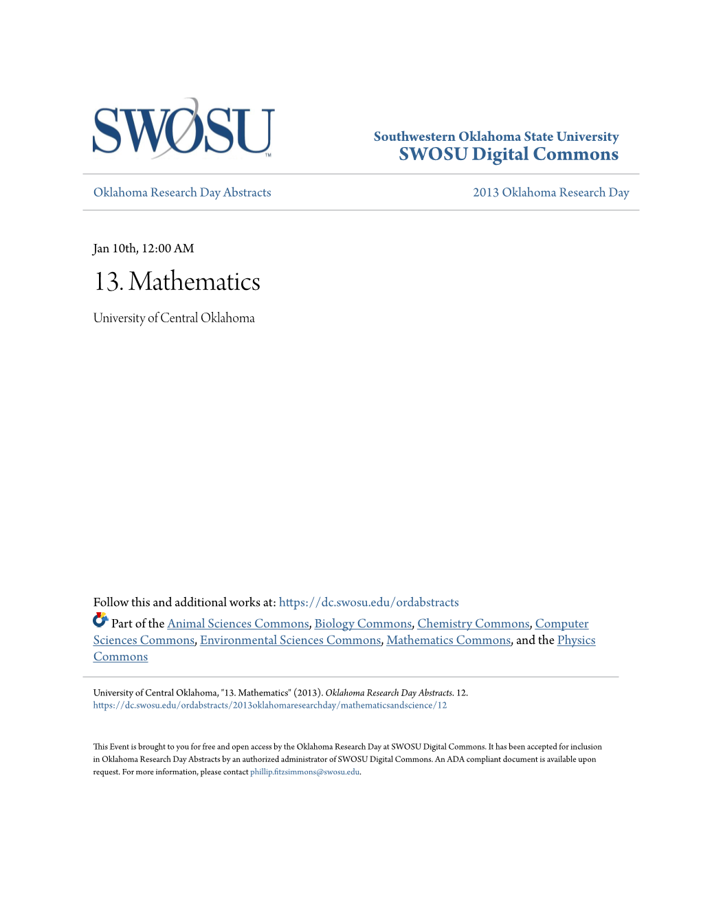 13. Mathematics University of Central Oklahoma