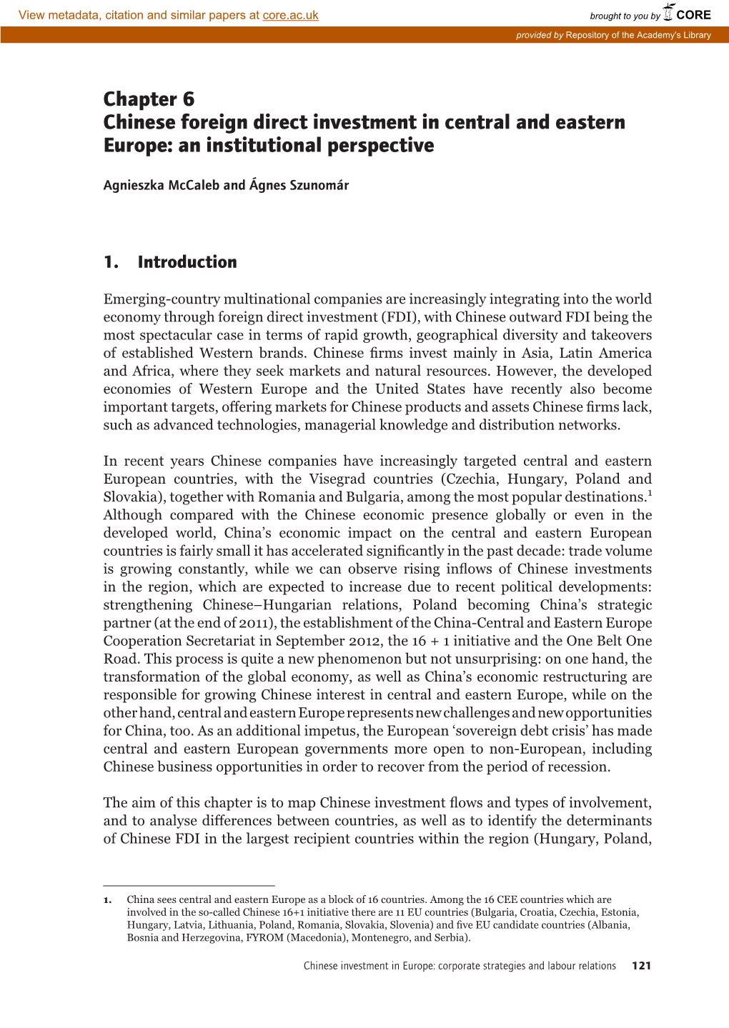 Chapter 6 Chinese Foreign Direct Investment in Central and Eastern Europe: an Institutional Perspective