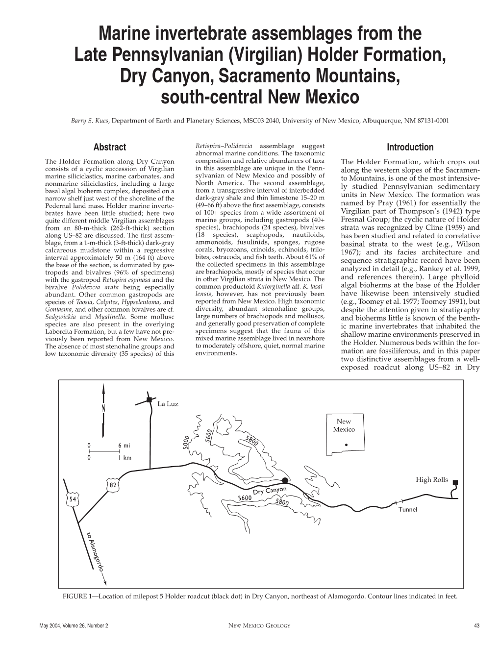 Marine Invertebrate Assemblages from the Late Pennsylvanian (Virgilian) Holder Formation, Dry Canyon, Sacramento Mountains, South-Central New Mexico