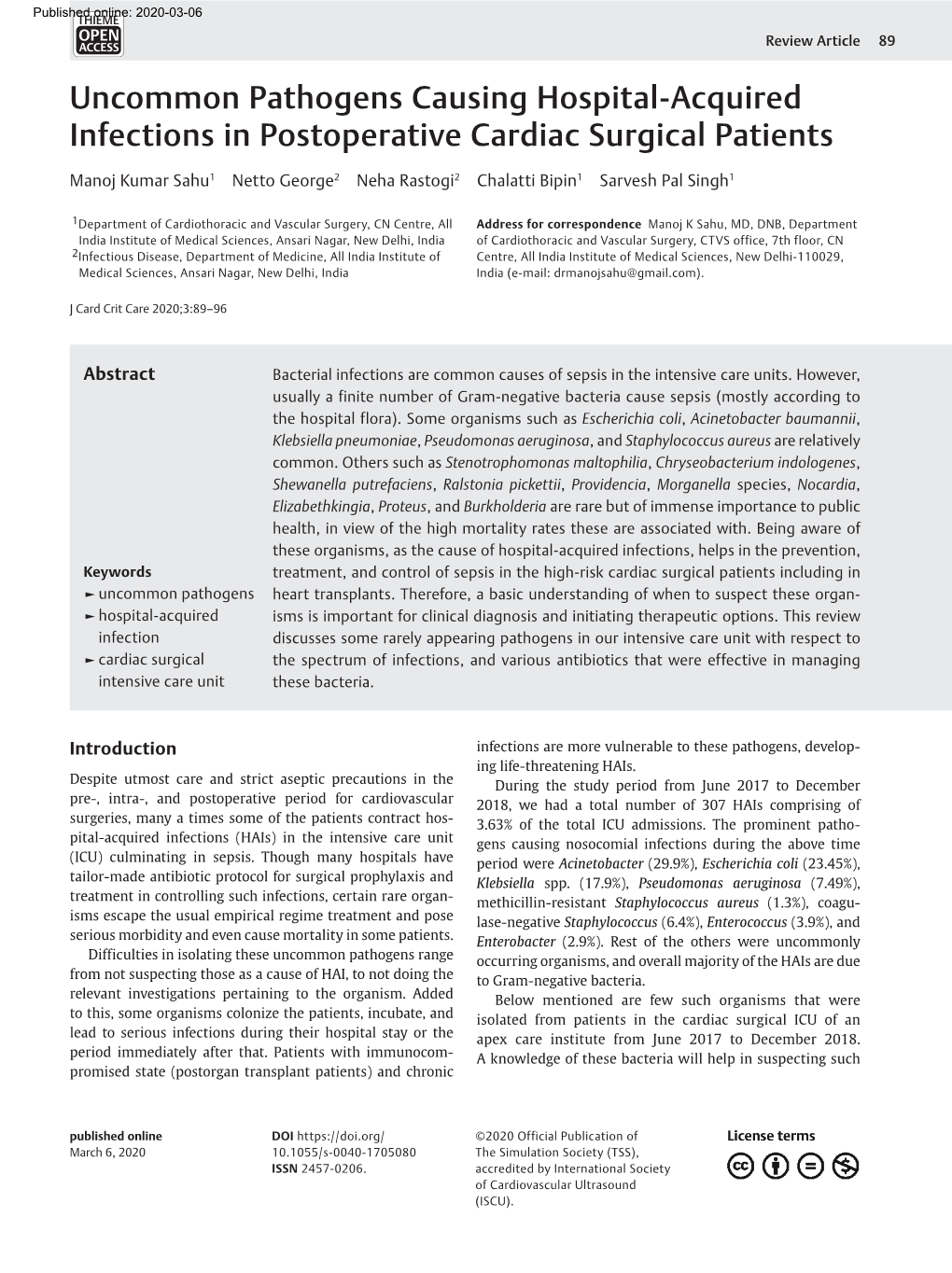 Uncommon Pathogens Causing Hospital-Acquired Infections in Postoperative Cardiac Surgical Patients