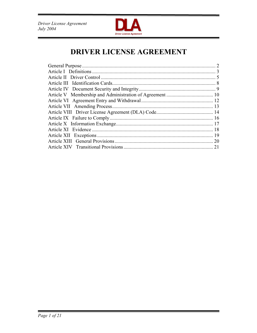 Driver License Agreement July 2004