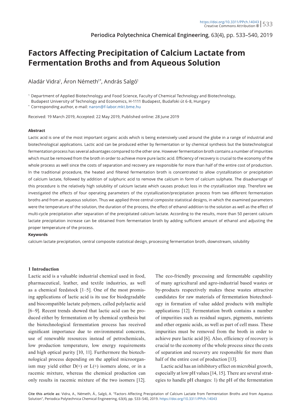 Factors Affecting Precipitation of Calcium Lactate from Fermentation Broths and from Aqueous Solution