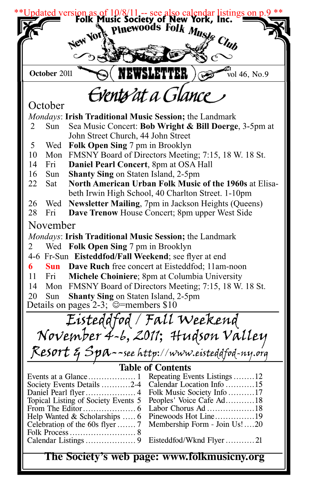 Eisteddfod / Fall Weekend November 4-6, 2011; Hudson Valley Resort & Spa--See Table of Contents Events at a Glance