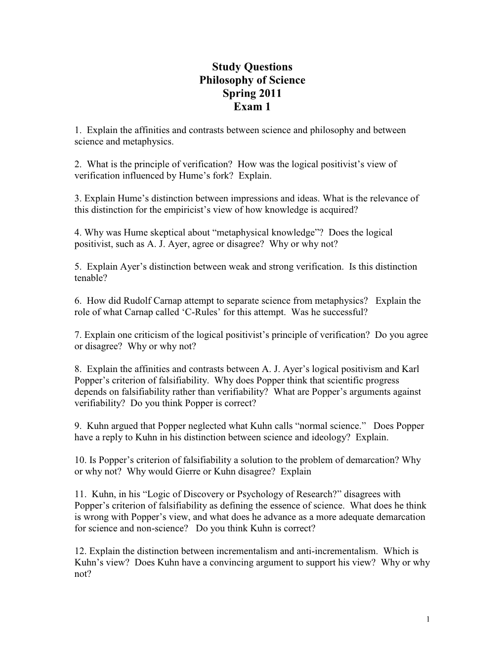 Study Questions Philosophy of Science Spring 2011 Exam 1