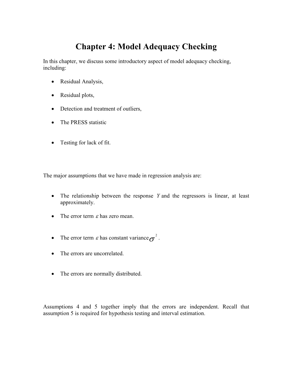 Chapter 4: Model Adequacy Checking