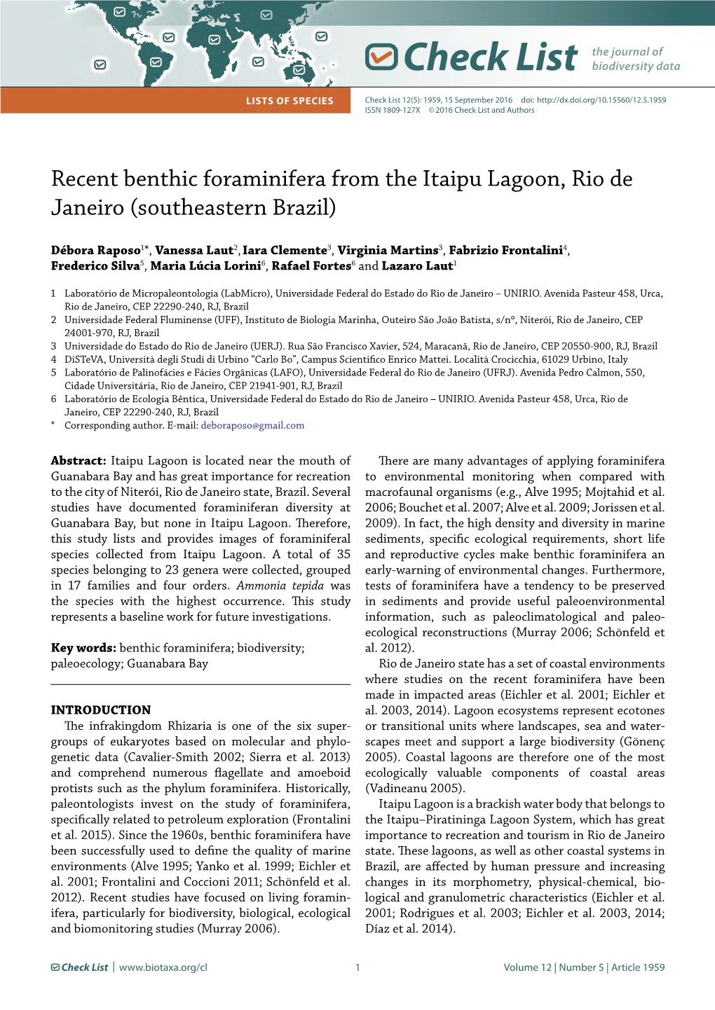 Recent Benthic Foraminifera from the Itaipu Lagoon, Rio De Janeiro (Southeastern Brazil)