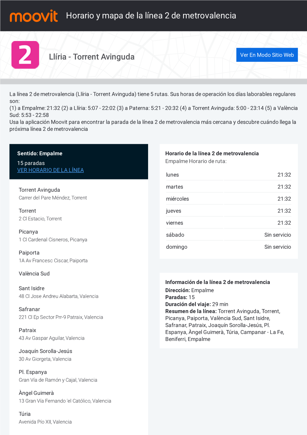 Horario Y Mapa De La Ruta 2 De Metrovalencia