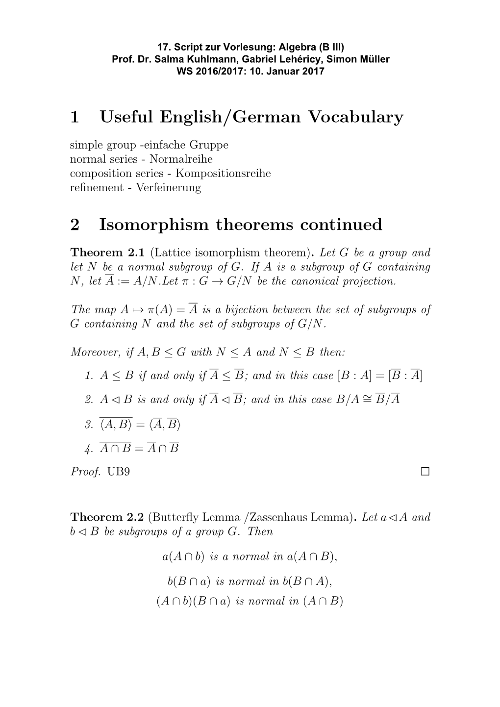 1 Useful English/German Vocabulary 2 Isomorphism Theorems Continued
