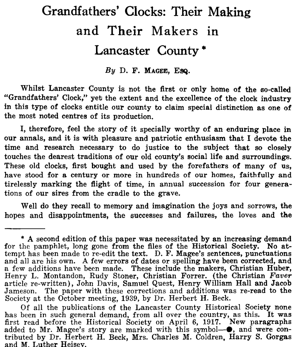 Grandfathers' Clocks: Their Making and Their Makers in Lancaster County *