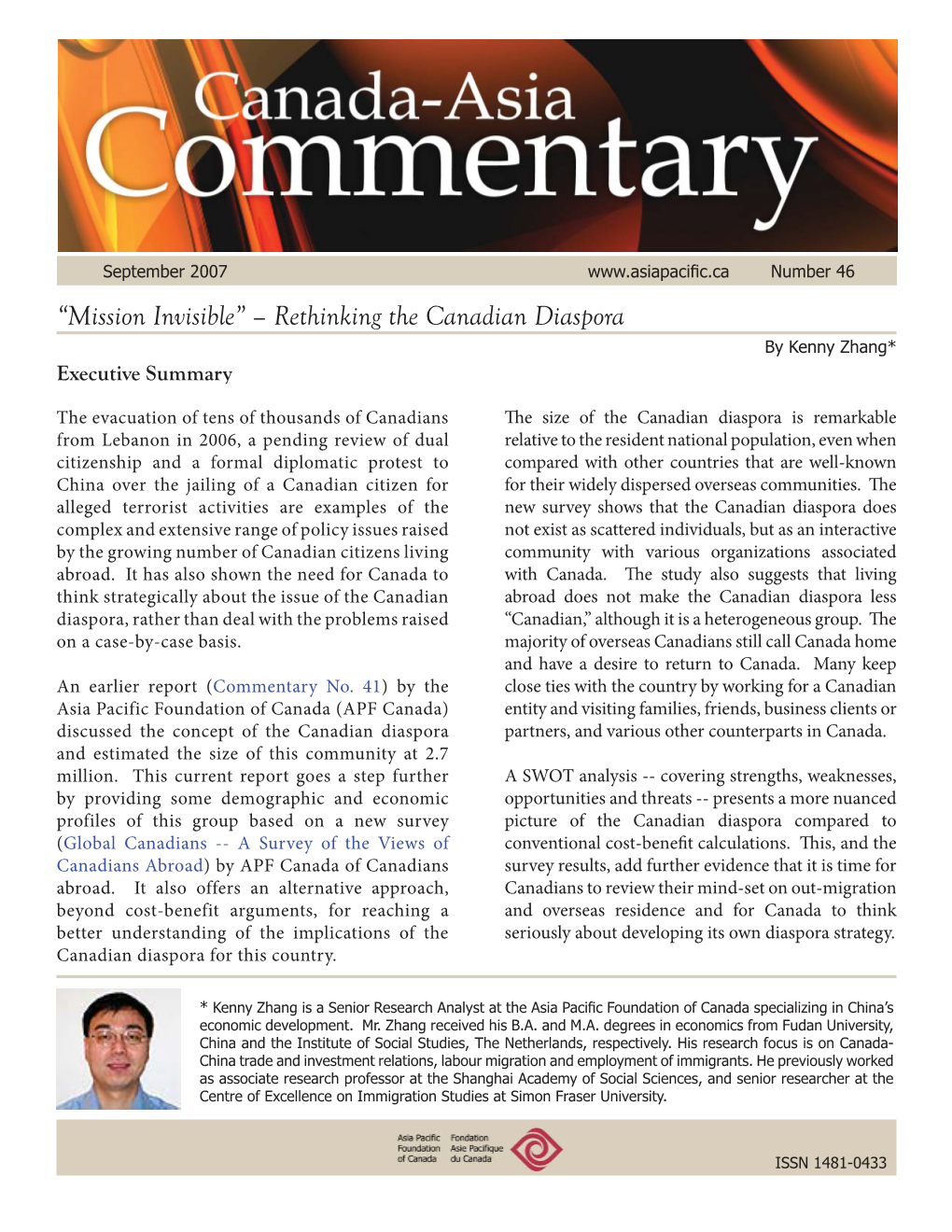 Rethinking the Canadian Diaspora by Kenny Zhang* Executive Summary