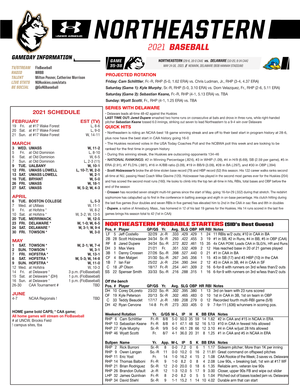 NORTHEASTERN 2021 BASEBALL GAMEDAY INFORMATION GAME NORTHEASTERN (28-6, 16-0 CAA) Vs