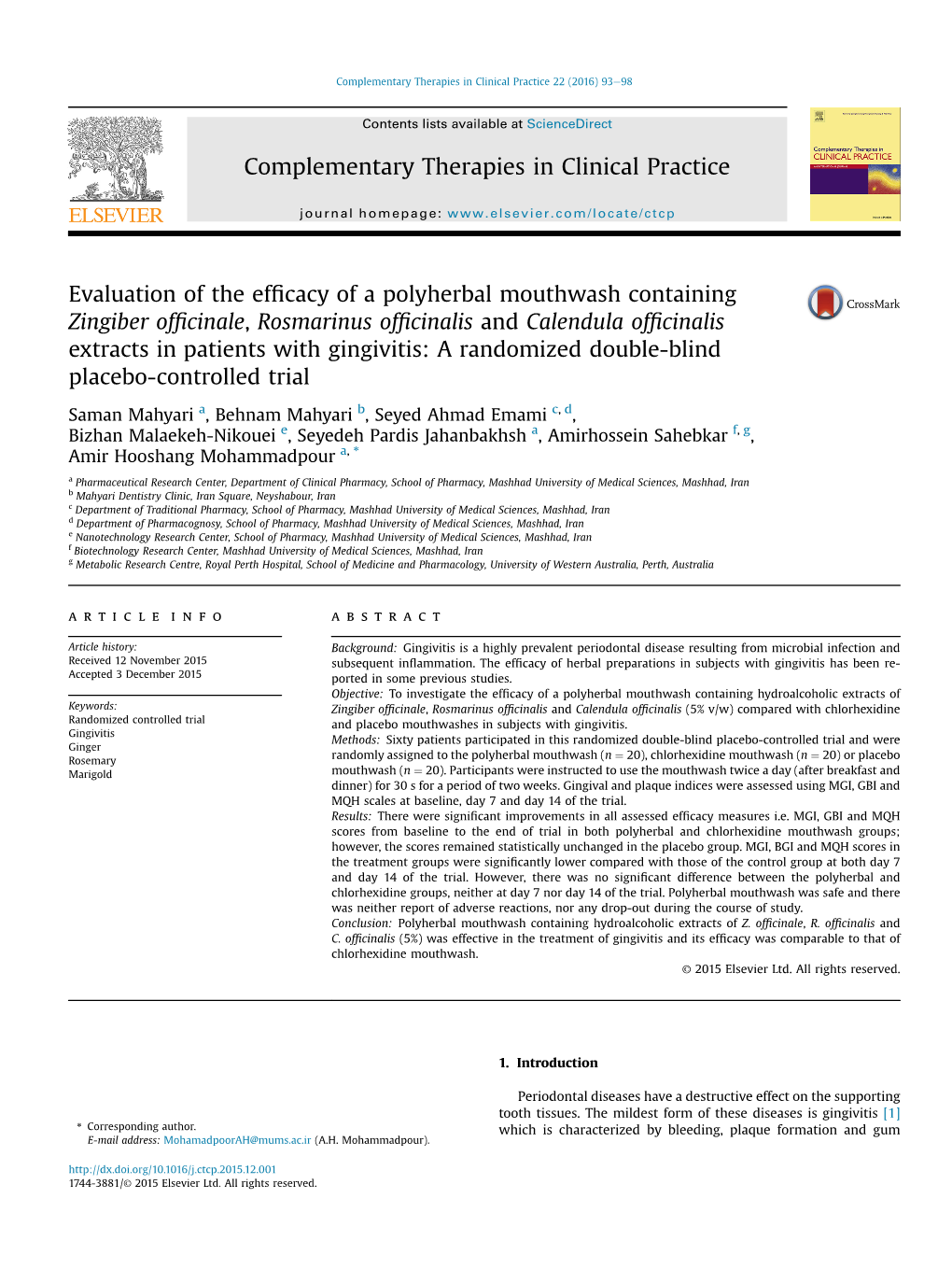 Evaluation of the Efficacy of a Polyherbal Mouthwash Containing