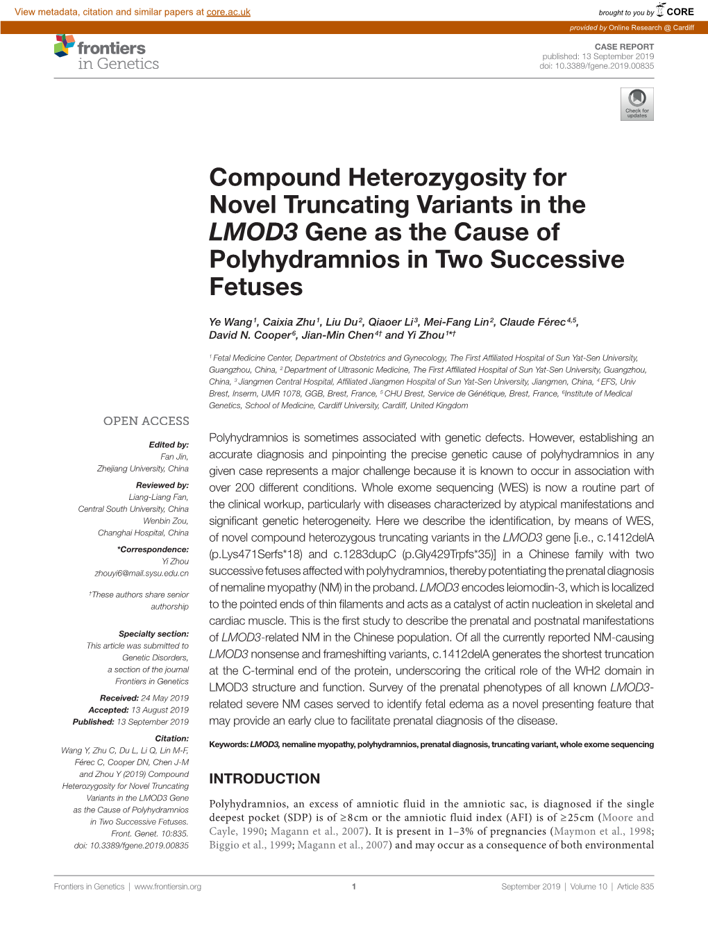 Compound Heterozygosity for Novel Truncating Variants in the LMOD3 Gene As the Cause of Polyhydramnios in Two Successive Fetuses