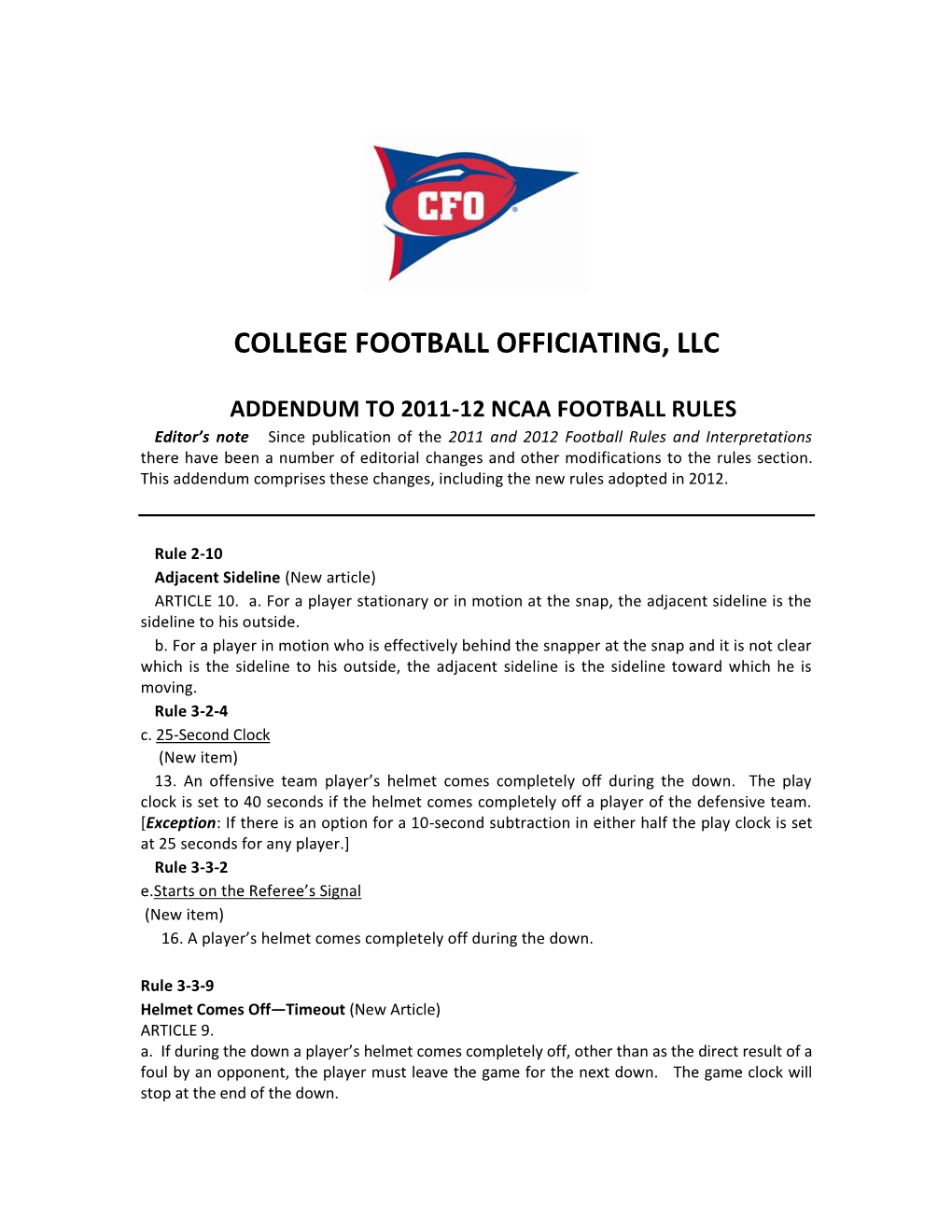 Addendum to 2011-12 Ncaa Football Rules