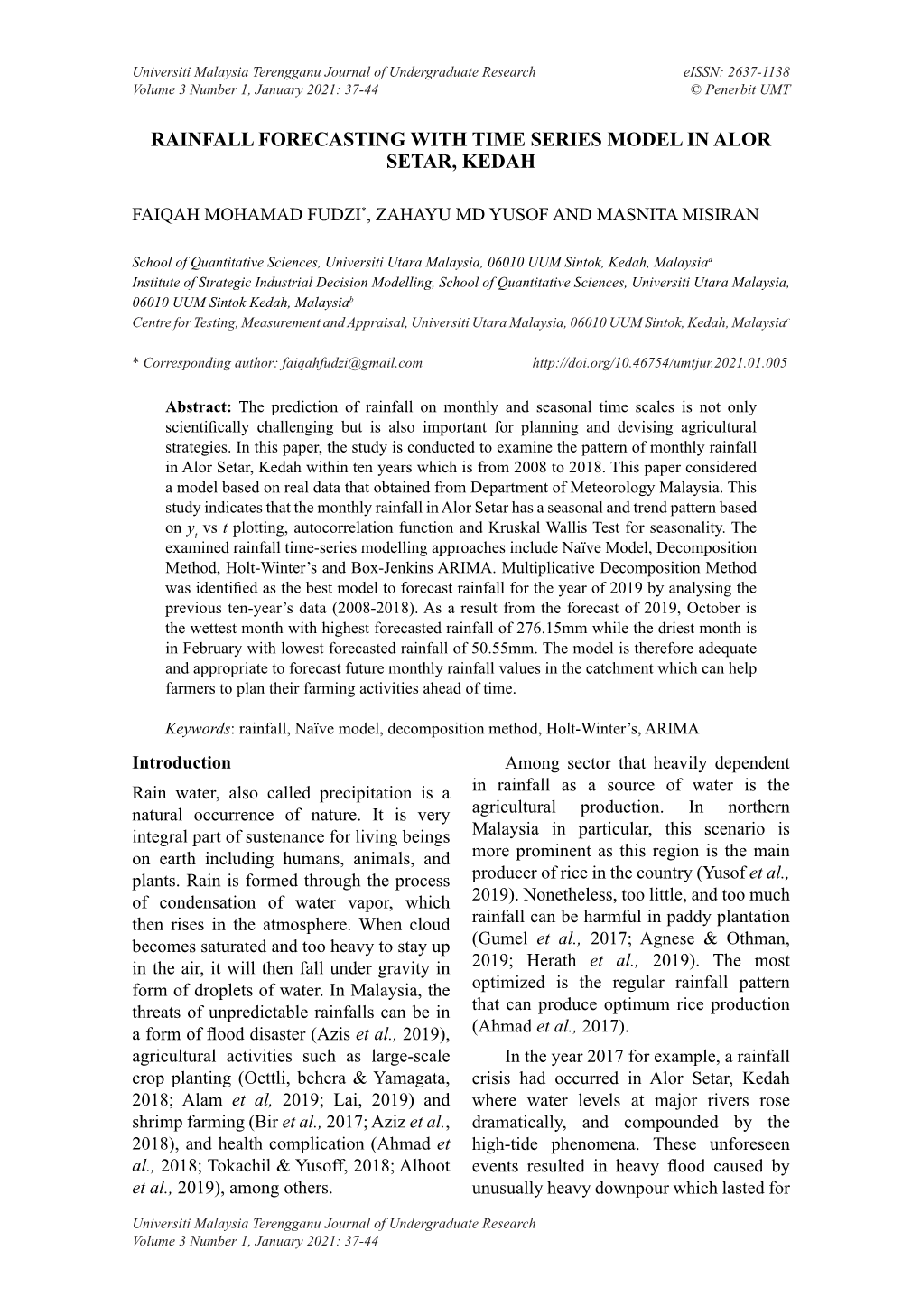 Rainfall Forecasting with Time Series Model in Alor Setar, Kedah