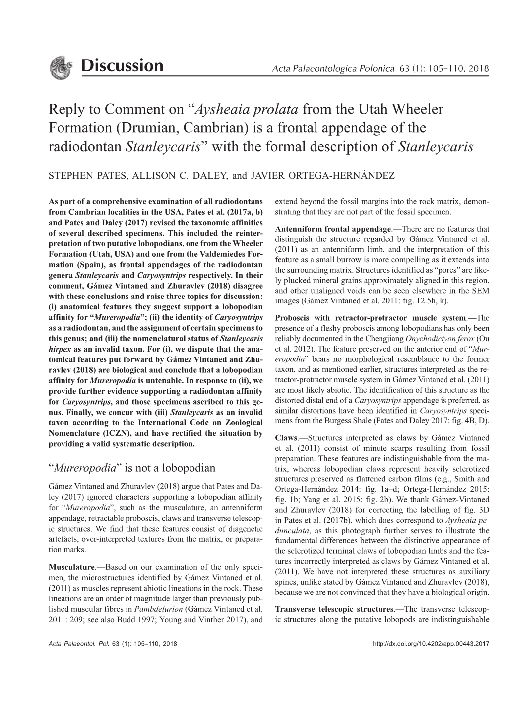 Discussion Acta Palaeontologica Polonica 63 (1): 105– 110, 2018