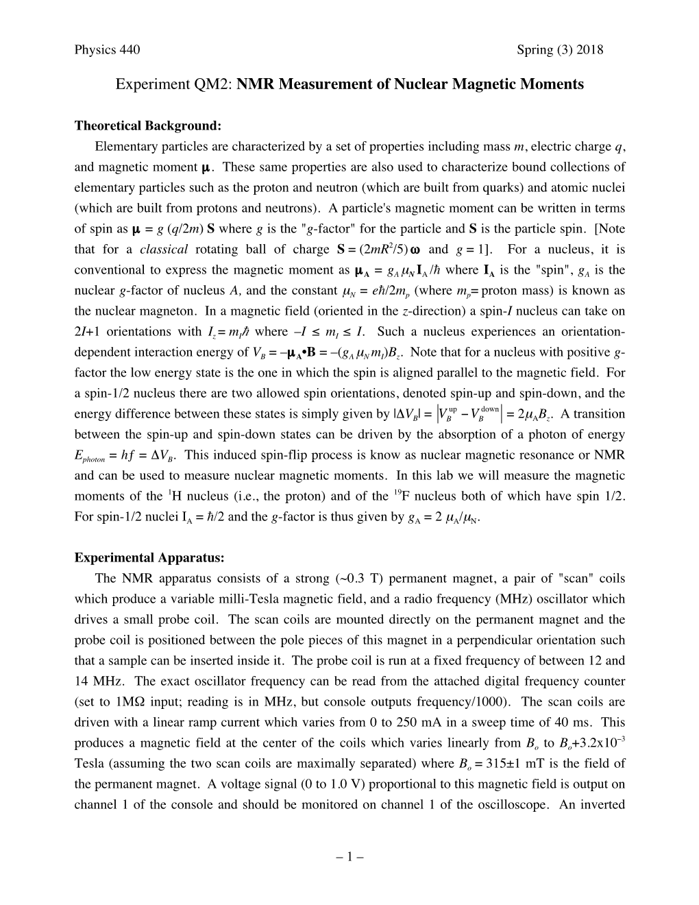 Experiment QM2: NMR Measurement of Nuclear Magnetic Moments