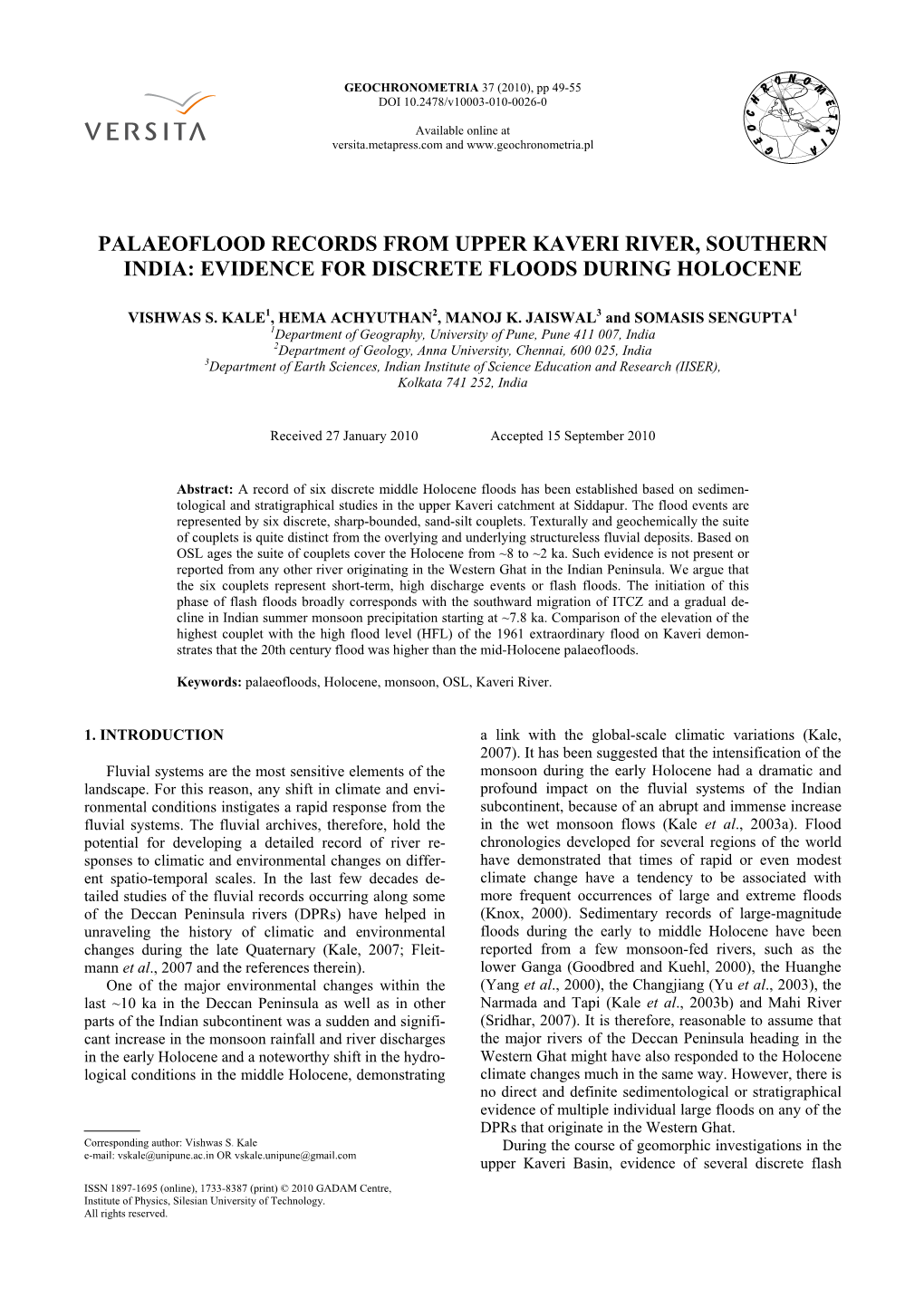 Palaeoflood Records from Upper Kaveri River, Southern India: Evidence for Discrete Floods During Holocene