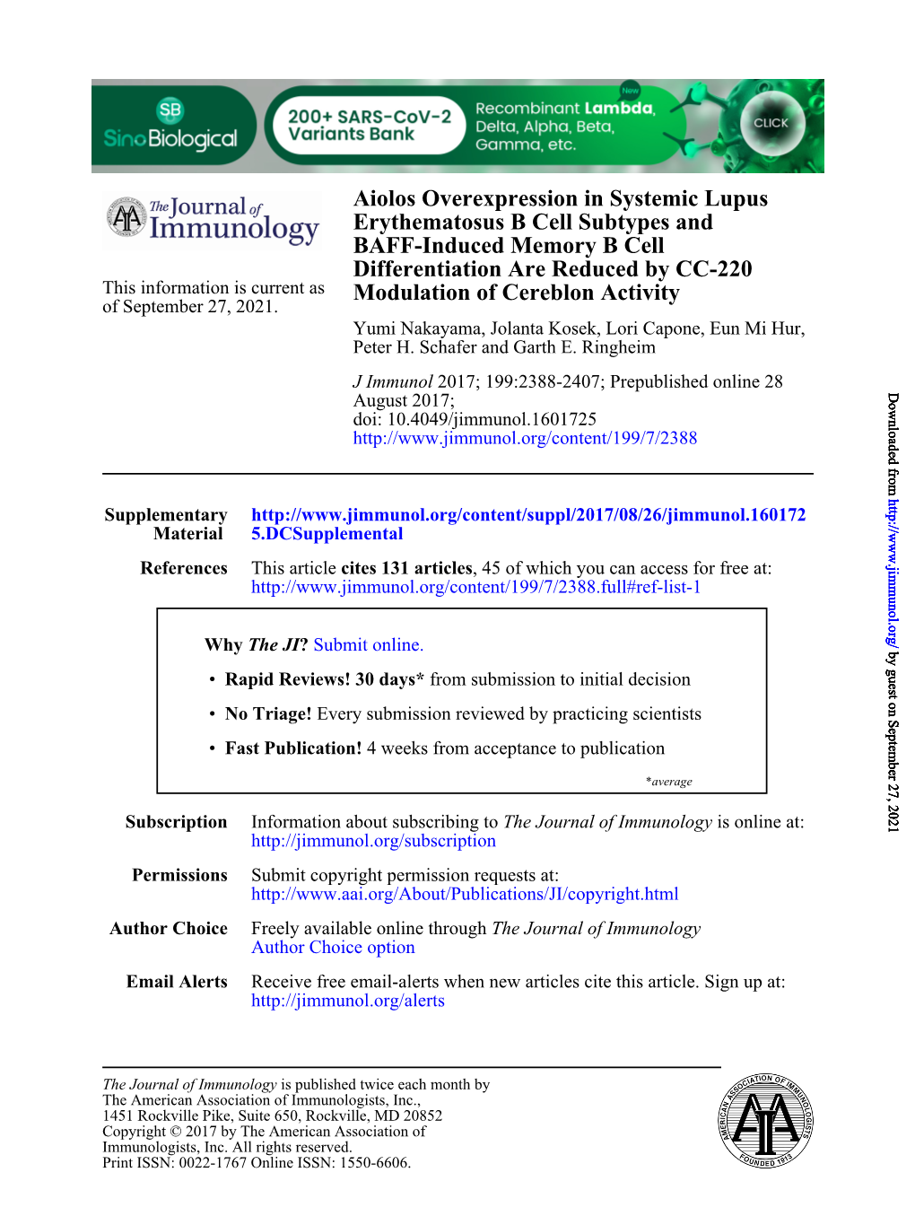 Aiolos Overexpression in Systemic Lupus Erythematosus B Cell