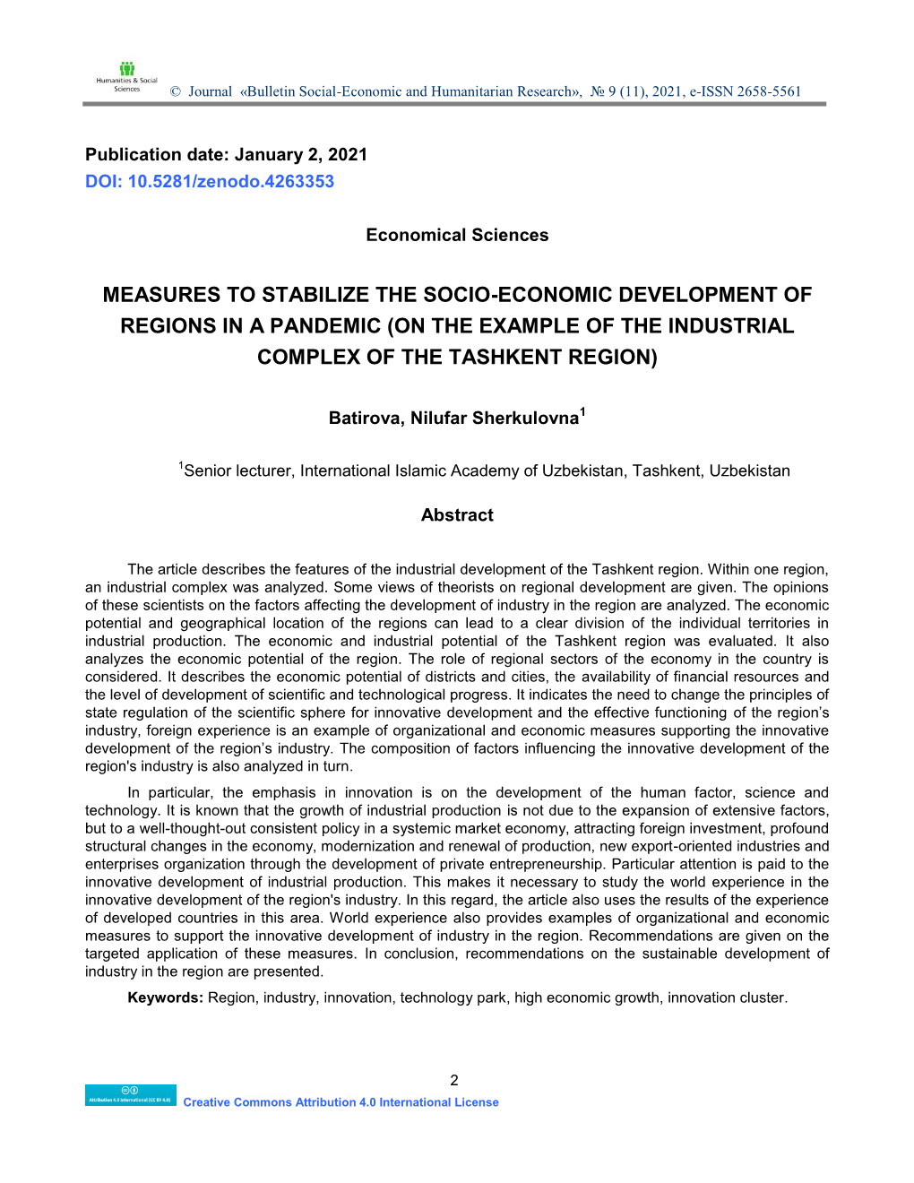 Measures to Stabilize the Socio-Economic Development of Regions in a Pandemic (On the Example of the Industrial Complex of the Tashkent Region)