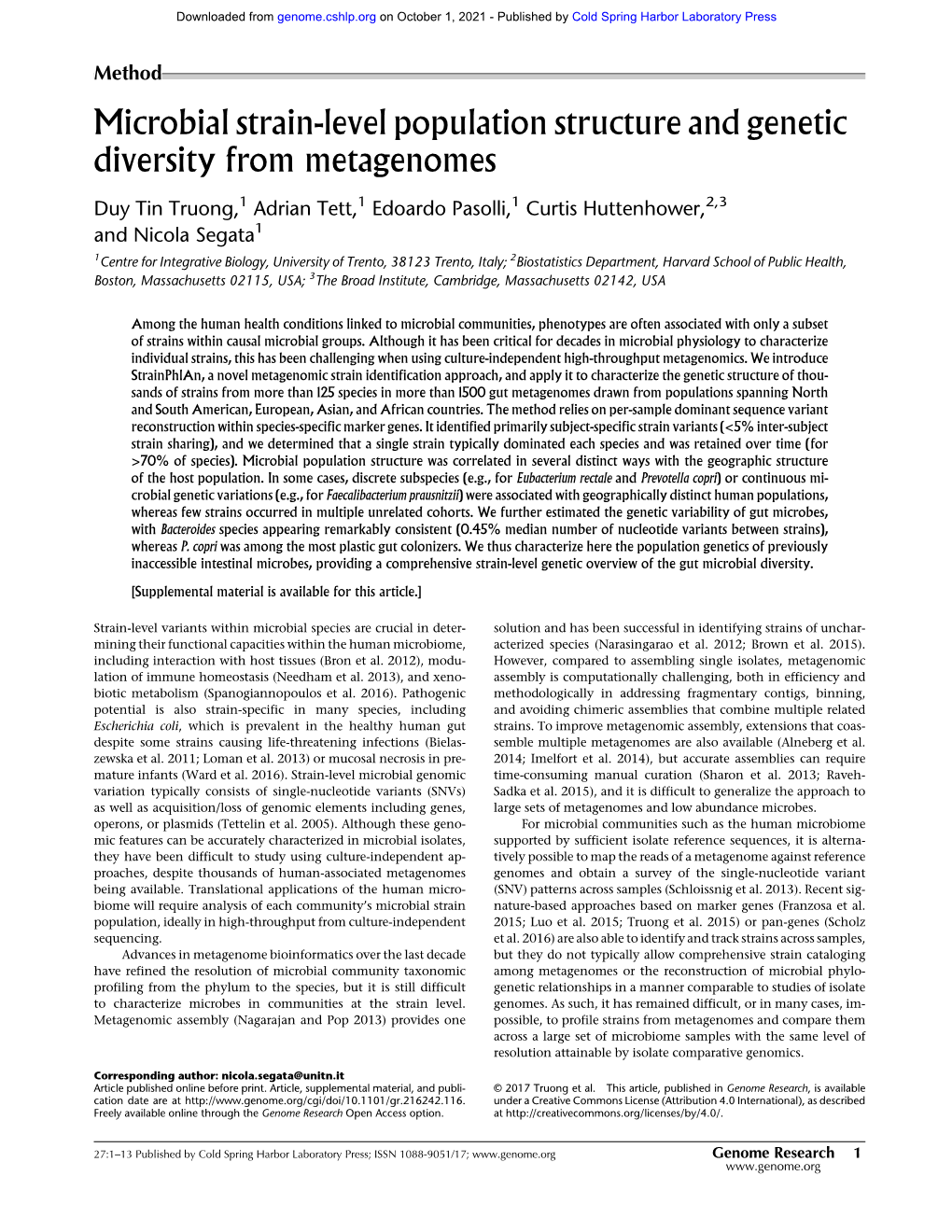Microbial Strain-Level Population Structure and Genetic Diversity from Metagenomes