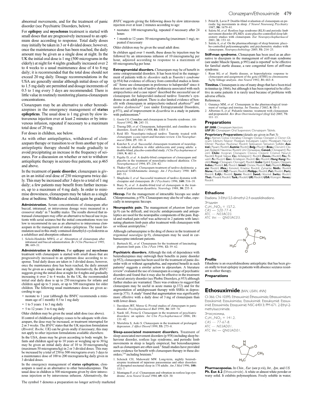 Clonazepam/Ethosuximide 479 Abnormal Movements, and for the Treatment of Panic BNFC Suggests Giving the Following Doses by Slow Intravenous 3