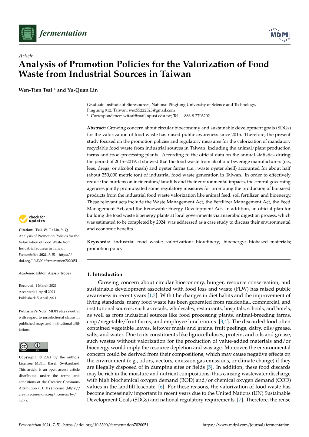 Analysis of Promotion Policies for the Valorization of Food Waste from Industrial Sources in Taiwan
