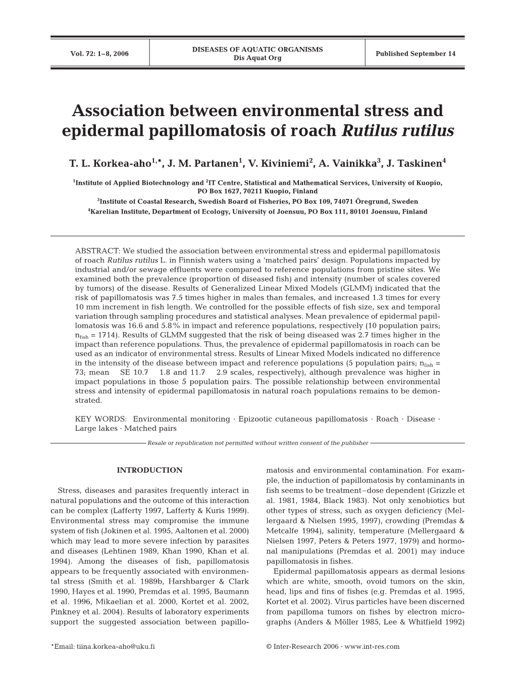 Association Between Environmental Stress and Epidermal Papillomatosis of Roach Rutilus Rutilus