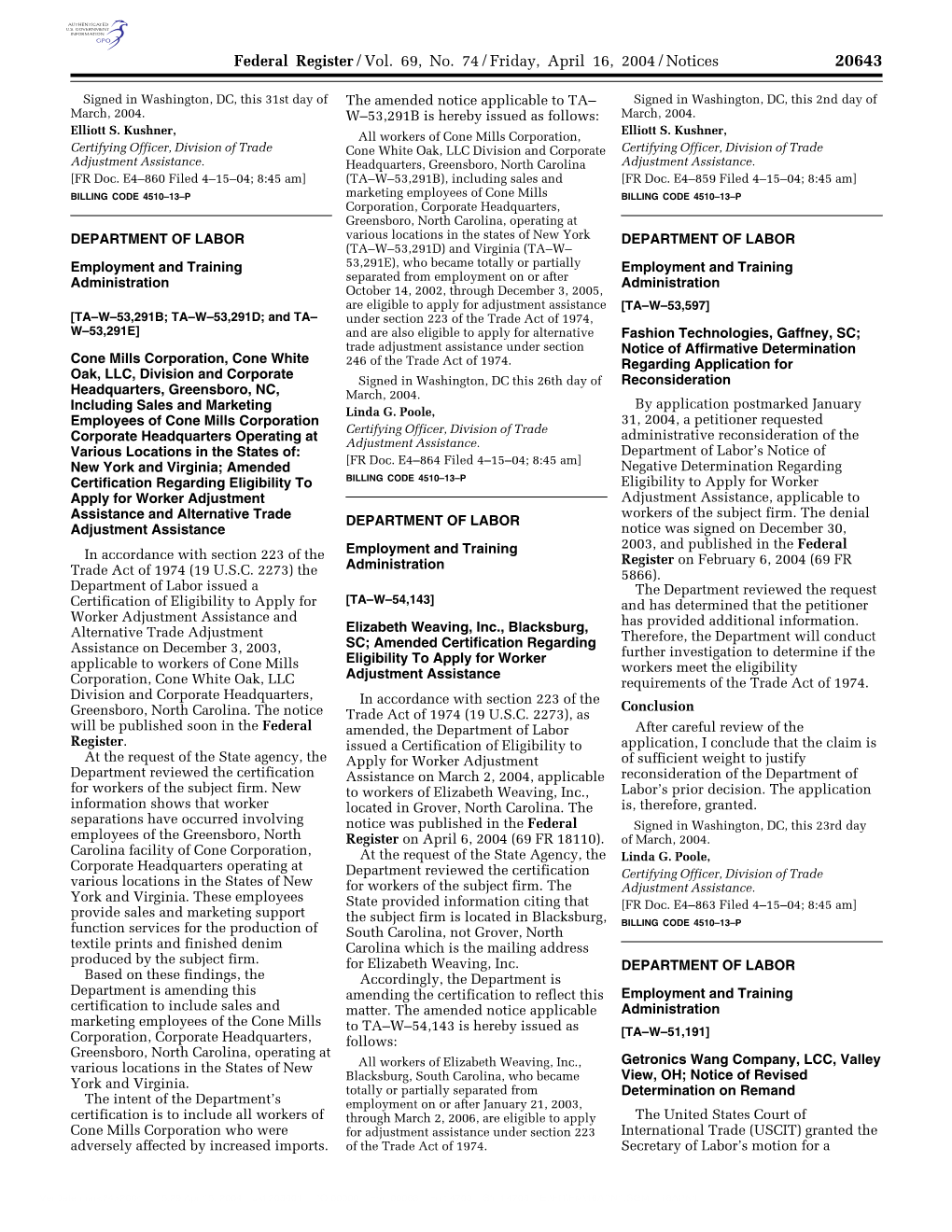 Federal Register/Vol. 69, No. 74/Friday, April 16, 2004/Notices