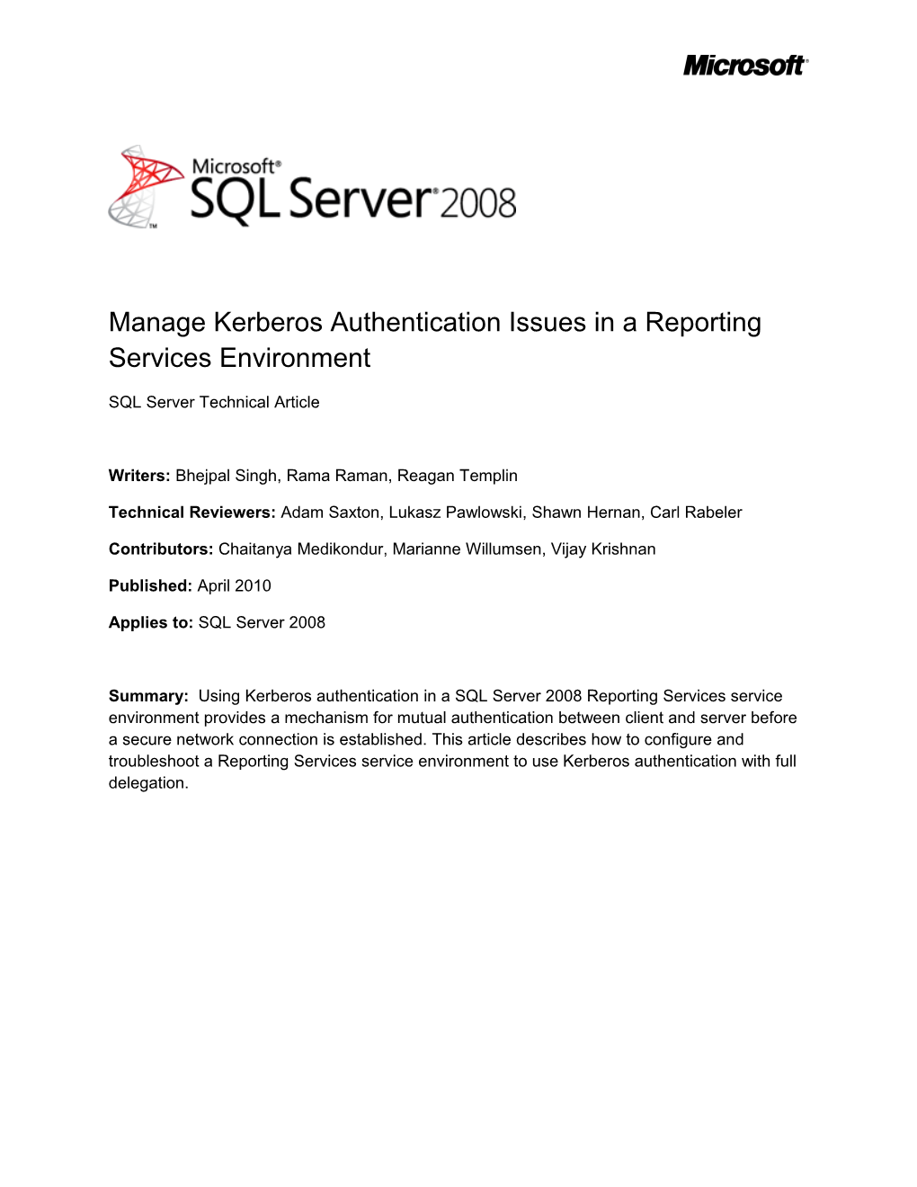 Configuring Kerberos Authentication In A Reporting Services Environment