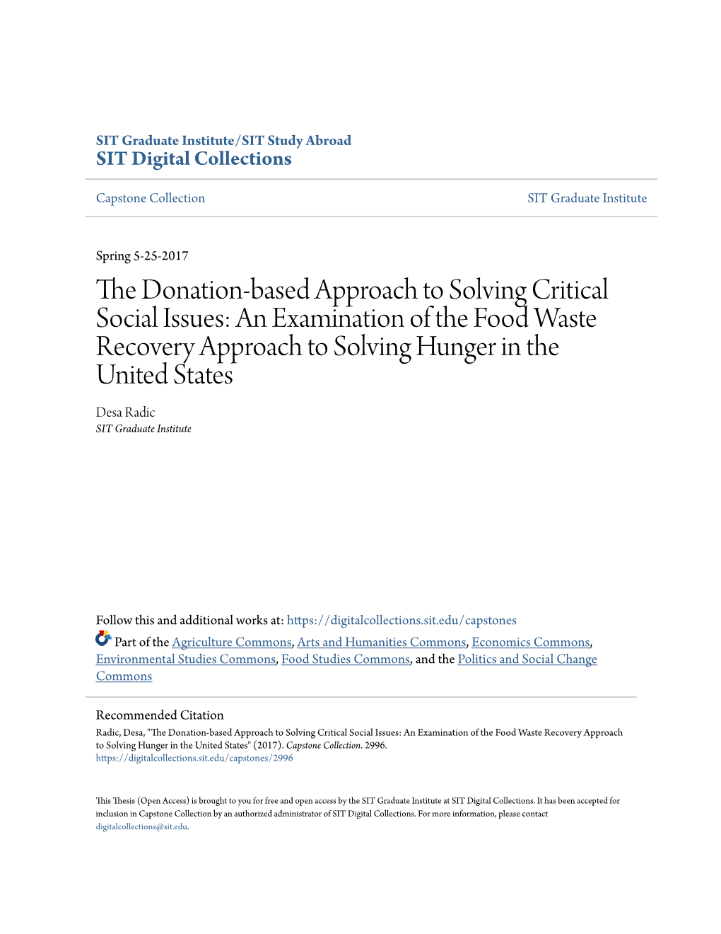 The Donation-Based Approach to Solving Critical Social Issues: an Examination of the Food Waste Recovery Approach to Solving Hunger in the United States