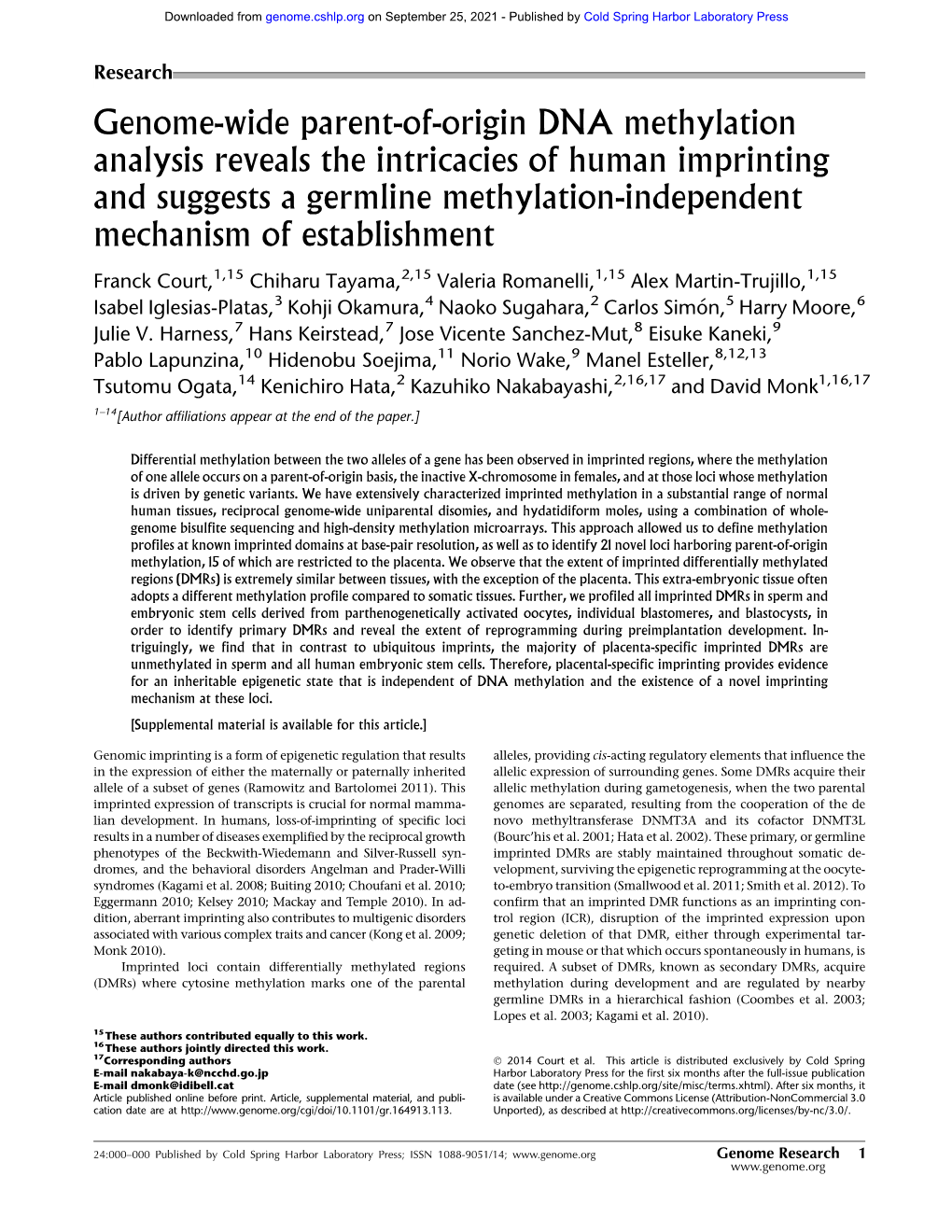 Genome-Wide Parent-Of-Origin DNA Methylation Analysis Reveals The