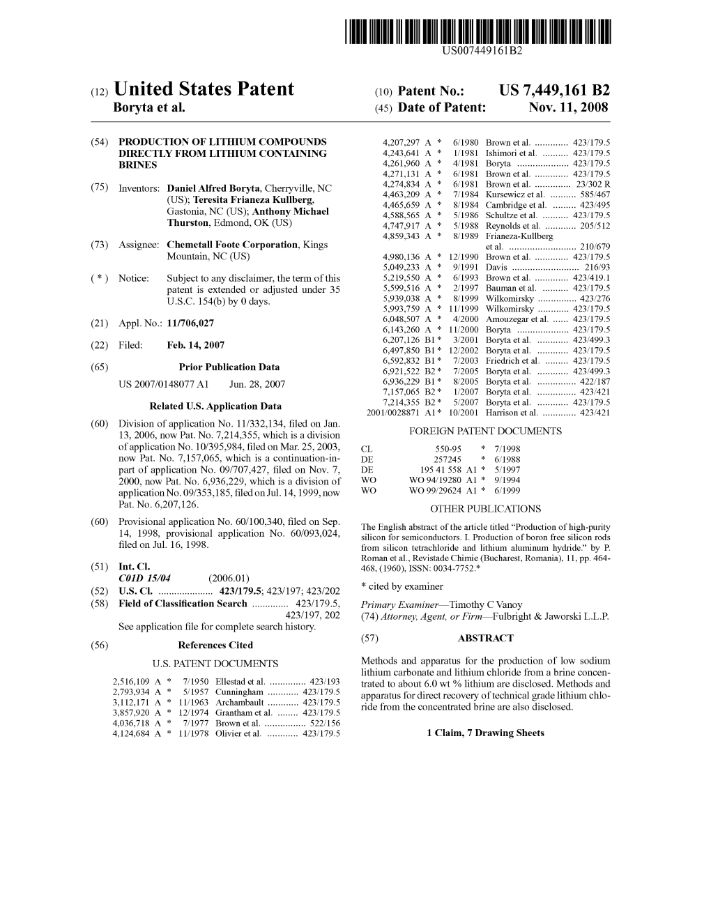 (12) United States Patent (10) Patent No.: US 7.449,161 B2 Boryta Et Al