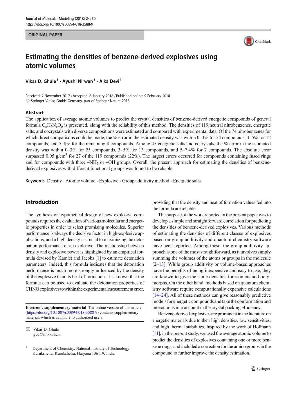 Estimating the Densities of Benzene-Derived Explosives Using Atomic Volumes